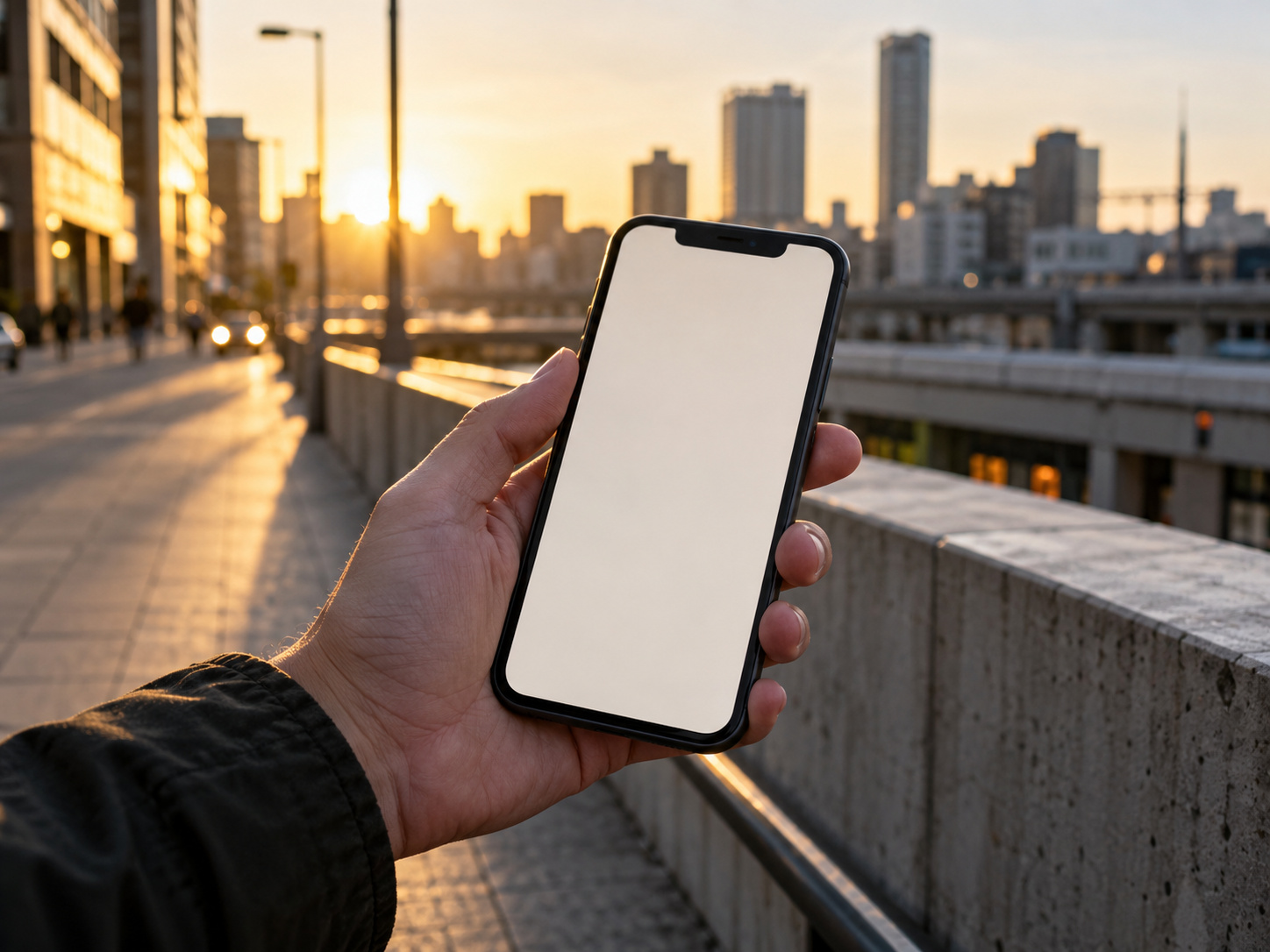 A hand holding a phone in city light